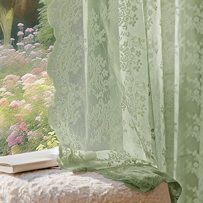 Anmao Vintage Sage Green Lace Curtains 96 Inches Long 2 Panels Sets, Romantic Light Filtering Semi Sheer Floral Thick Lacy Curtain Drapes for Living Room and Bedroom, Each Panel 55W x 96L, Sage Green