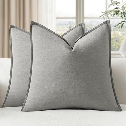 EMEMA Decorative Linen Throw Pillow Covers 18x18 Inch Light Grey Boho Farmhouse Neutral Couch Throw Pillows for Bed Pack of 2 Accent Pillowcase Modern Sofa Cushion Livingroom Home
