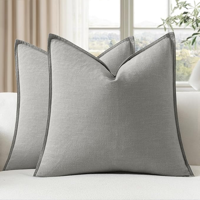 EMEMA Decorative Linen Throw Pillow Covers 24x24 Inch Light Grey Boho Farmhouse Neutral Couch Throw Pillows for Bed Pack of 2 Accent Pillowcase Modern Sofa Cushion Livingroom Home