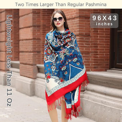 DANA XU 100% Merino Wool Extra Large Pashmina Blanket Travel Scarf Cashmere Wrap for Women Fall Winter Oversize Shawl Floral