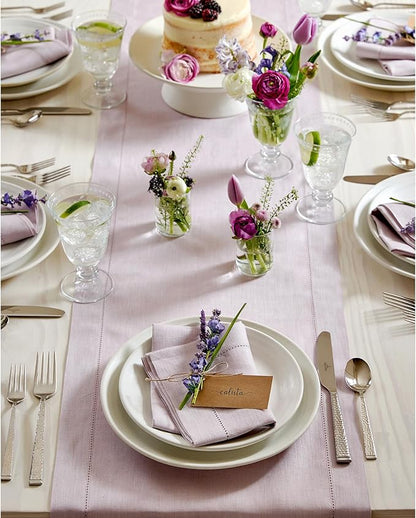 Solino Home Linen Lilac Table Runner 132 Inches Long - 100% Pure Linen Extra Long Table Runner 14 x 132 Inch for Christmas, New Year - Classic Hemstitch