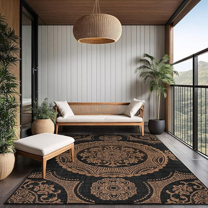 Medallion Outdoor Rug 9x12 Washable Outside Carpet for Indoor Patio Porch Waterproof Easy Cleaning Non Shedding Area Rugs Nut Brown 9 x 12
