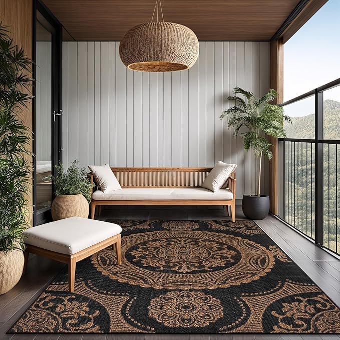 Medallion Outdoor Rug 10x14 Washable Outside Carpet for Indoor Patio Porch Waterproof Easy Cleaning Non Shedding Area Rugs Nut Brown 10 x 14