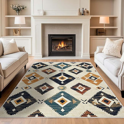 5x7 Western Aztec Area Rug Southwestern Tribal Black Beige Tan Rug Non Slip Low Pile Large Carpet for Home Kitchen Living Room Bedroom Dining Room Office