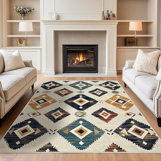 5x7 Western Aztec Area Rug Southwestern Tribal Black Beige Tan Rug Non Slip Low Pile Large Carpet for Home Kitchen Living Room Bedroom Dining Room Office