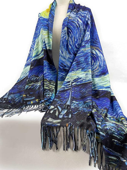 VENVSBEE Reversible Scarf Soft Large Shawl Wrap Blanket Double Sided Art Print Warm Pashmina Stoles Klimt Van Gogh Gifts