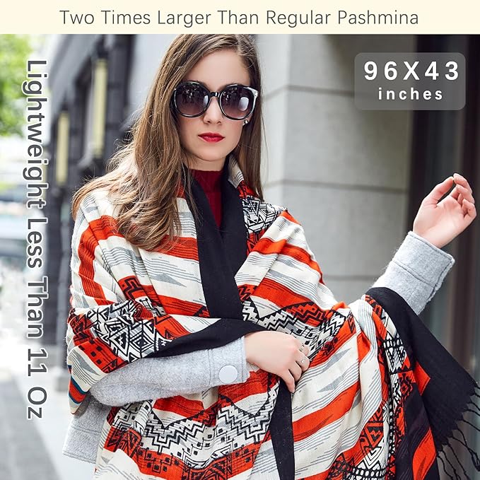 DANA XU 100% Merino Wool Pashmina Shawl for Women 96"x43", Oversized Cashmere Wrap with Tassels, Floral Travel Blanket Cape