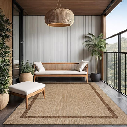 Bordered Outdoor Rug 5x7 Washable Outside Carpet for Indoor Patio Porch Waterproof Easy Cleaning Non Shedding Area Rugs Jute Beige - Nut Brown 5 x 7