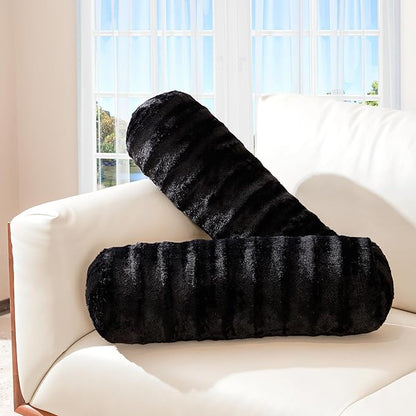 Cheer Collection Faux Fur Bolster Pillows – Soft Decorative Cylinder Pillows for Bed or Couch, Machine Washable – 8” x 24”, Set of 2, Black