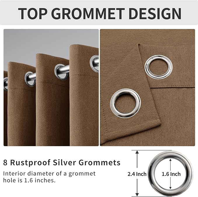 Easy-Going Linen Look Blackout Curtain Grommet Window Curtain Drapes for Bedroom, Living Room Thermal Insulated Room Darkening (2 Panels, 52x84 inch, Brown)