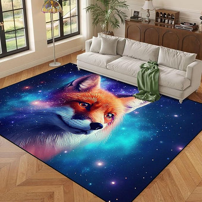 5' X 7' Galaxy Fox Rug 3D Cute Foxes Area Rugs for Bedroom Living Room Playroom Boys Kids Cartoon Colorful Carpet Glitter Stars Throw Rugs Floor Mat