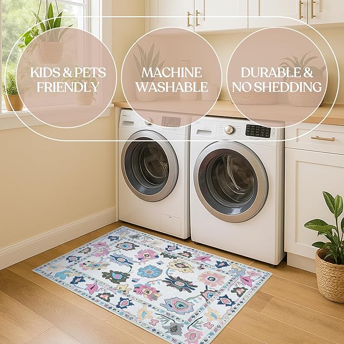 Fame Living Colorful Oushak Rug, Modern Small Rugs, Vintage, Turkish, Eclectic, Floral, Pastel, Washable, Door Mat, Doormat for Indoor Entrance, Entryway, Kitchen, Bathroom, Bedroom, Laundry, 2'x3'