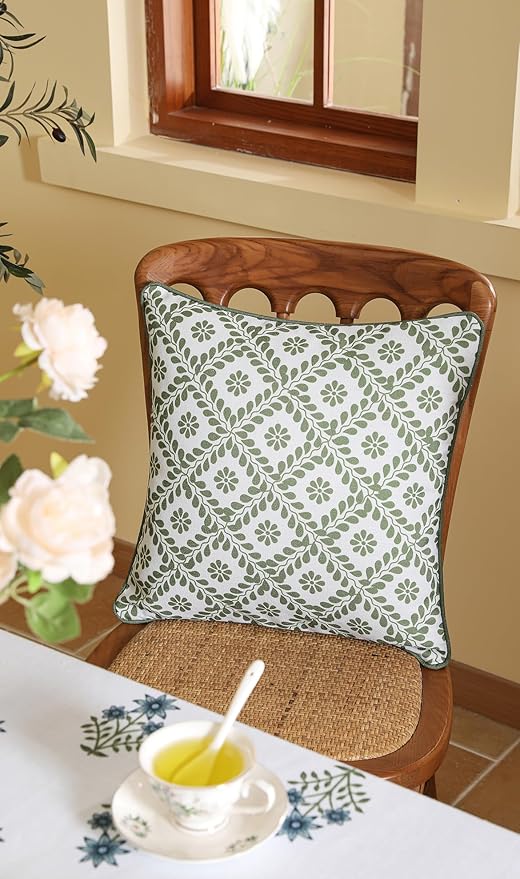 ISAENNE Design Fresh Linen Square Throw Pillow Covers 18"x18", French White Cottage Cushion Covers with Green Branches Pattern Decoration Pillowcases for Bed,Living Room,Outdoor,Car