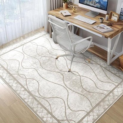 Washable Area Rugs 8x10, Non-Slip Rugs for Living Room Bedroom, Low Pile Large Soft Rug Alfombras, Modern Bordered Home Floor Rugs for Kids Playroom Office Dining Room Farmhouse, Beige