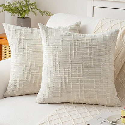 Decorative Throw Pillow Covers 18x18 Inch Set of 2, Thick Solid Farmhouse Chenille Couch Pillows, Spring Pillow Covers for Couch Sofa Bed Living Room Home Decor Pillowcase,White