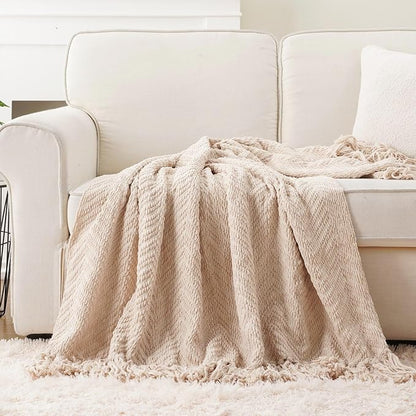 BATTILO HOME Beige Throw Blanket for Couch, Knitted Beige Throw for Bed, Neutral Throw Blankets Tan Throw Blanket for Room Decor Housewarming Gifts, 50" x 60"