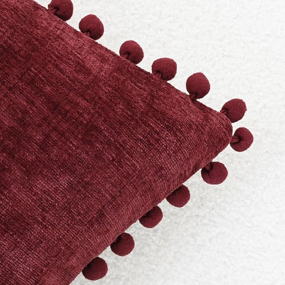 CaliTime Christmas Throw Pillow Covers Decorative 16 X 16 Inches Pack of 2 Cozy Solid Dyed Soft Chenille Cushion Cases with Pom Poms for Couch Sofa Bed Living Room Home Burgundy