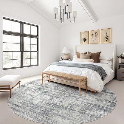 8ft Round Area Rug for Living Room: 8x8 Washable Neutral Abstract Modern Soft Rugs Non Slip Indoor Floor Stain Resistant Carpet for Bedroom Dining Room Office Nursery - Gray