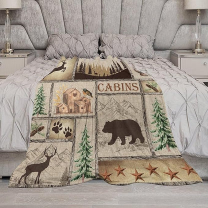 Rustic Cabin Bear Blanket, Lake Country Lodge Bear Deer Forest Farmhouse Camp Print Soft Warm Cozy Lightweight Decorative Blanket for Couch Bed Sofa Travel, 60"x80"