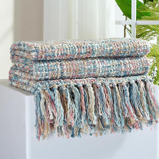 Multi-Color Pink Blue Cable Knitted Throw Blanket for Couch,60"X80" Boho Style Textured Blankets for Home Decor,Super Soft Warm Cozy Chunky Knit Blanket with Decorative Tassels for Bed