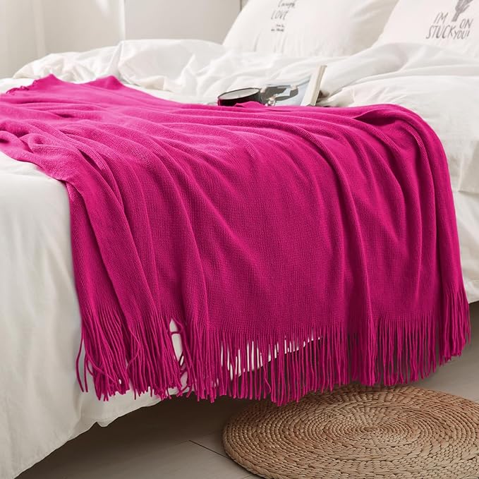 Homiest Decorative Knitted Throw with Fringe, Lightweight Acrylic Knit Blanket, Soft & Cozy Tassel for Couch Sofa Bed (Fuschia, 50 x 60 Inch)
