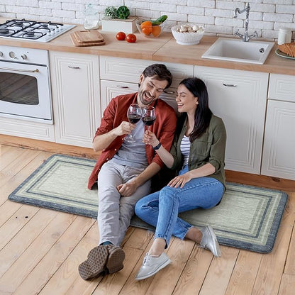 KIMODE Farmhouse Kitchen Runner Rug,17.3" x 59" Anti Fatigue Kitchen Mats for Floor Cushioned,Non-Skid Waterproof Kitchen Floor Standing Mat for Front Sink,Laundry Room,Blue and Gray