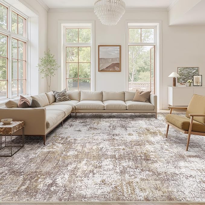 Washable 9X12 Area Rug: Modern Abstract Soft Non-Slip Indoor Rugs Home Decor - Low Pile Stain Resistant Foldable Rug for Living Room Bedroom Dining Room Playroom Office(Golden Brown,9'x12')