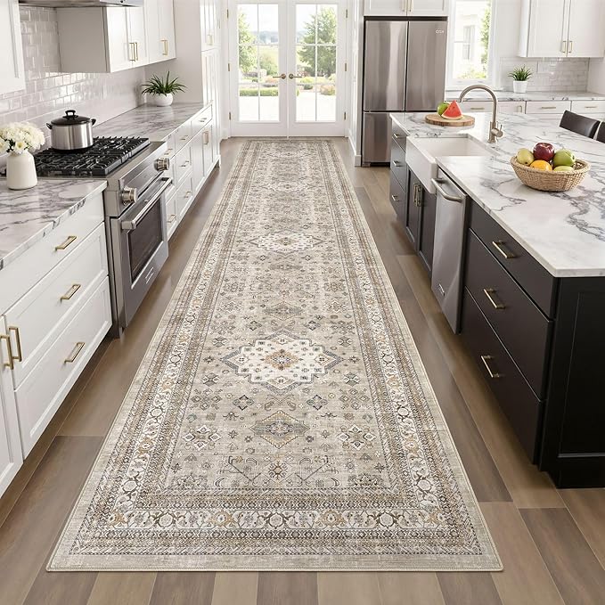 Vintage Hallway Runner Rug 3x14: Large Soft Washable Entryway for Kitchen Laundry Room Non-Slip Backing Runner for Entrance Living Room Bedroom Bathroom - Beige