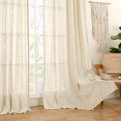 LAMIT 54 Inch Semi Sheer Window Linen Curtains, Light Filtering Panels Back Tab and Rod Pocket Neutral Drapes for Bedroom/Small Window, Beige, 2 Panels, 34 x 54 Inch