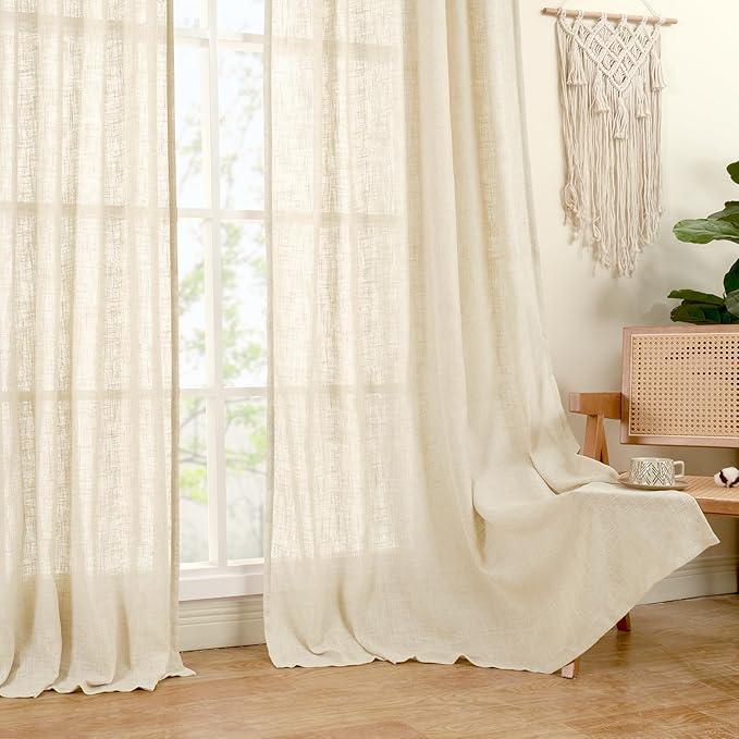 LAMIT Linen Semi Sheer Curtains 96 inches Long 2 Panels Set, Light Filtering Panels Back Tab and Rod Pocket Floor to Ceiling Curtains for Bedroom/Living Room, Beige, 52 x 96 Inch