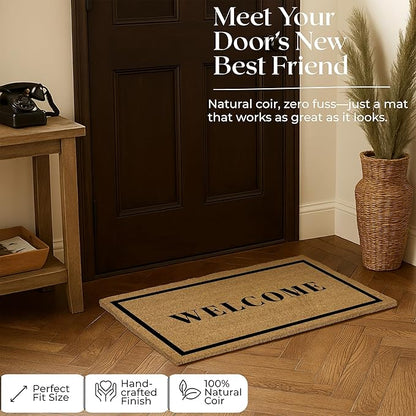 Coir Door Mats 17" X 30", Non-Slip Sturdy, PVC Backed Heavy Duty, Easy to Clean, Ideal for Door Entrance, Patio, Porch, Backyard, Garages, Welcome with Border