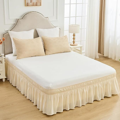 BISELINA Wrap Around Bed Skirts 17" Drop, Cotton Adjustable Elastic Dust Ruffles Easy Fit Wrinkle & Fade Resistant Soft Cozy Elegant Luxurious Bedding - Beige, King Size