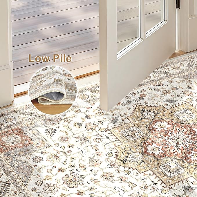 Vintage Living Room Area Rug 2x3 - Large Soft Washable Oriental Traditional Distressed Farmhouse Rugs for Bedroom - Indoor Floor Accent Carpet for Home Office House Decor - Golden Taupe