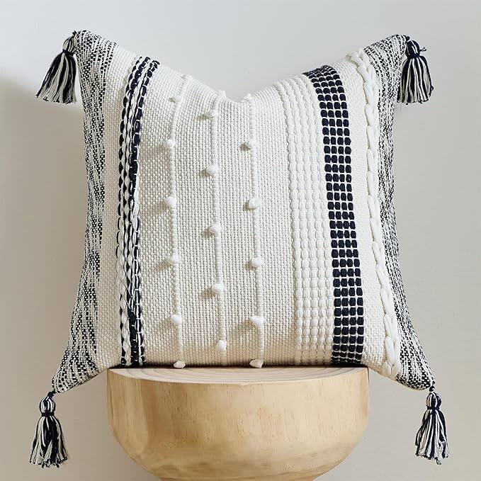 Boho Pillow Cover 18x18 Navy Blue - Handmade Woven Textured Throw Pillow Case with Cordings & Tassels, Decorative Accent for Couch Sofa Farmhouse Living Room Home Decor