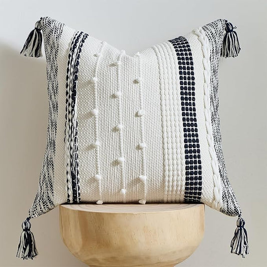 Boho Pillow Cover 18x18 Navy Blue - Handmade Woven Textured Throw Pillow Case with Cordings & Tassels, Decorative Accent for Couch Sofa Farmhouse Living Room Home Decor
