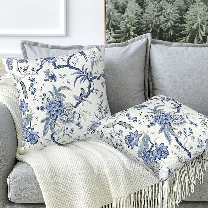 Chinoiserie Throw Pillow Cover Case Blue White Flowers Throw Pillows Set of 2 Super Soft Pillow Covers 18x18 Inches Farmhouse Home Decor for Living Room Bedroom Sofa Couch Cushion Cover