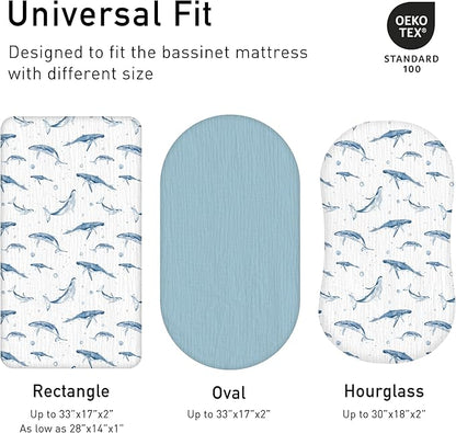 Muslin Bassinet Fitted Sheets, 2 Pack for Baby Boy and Girl, Soft Breathable Baby Pad/Mattress Sheet, Fit for Hourglass Oval and Rectangle Bassinet Mattress (Blue Whale)