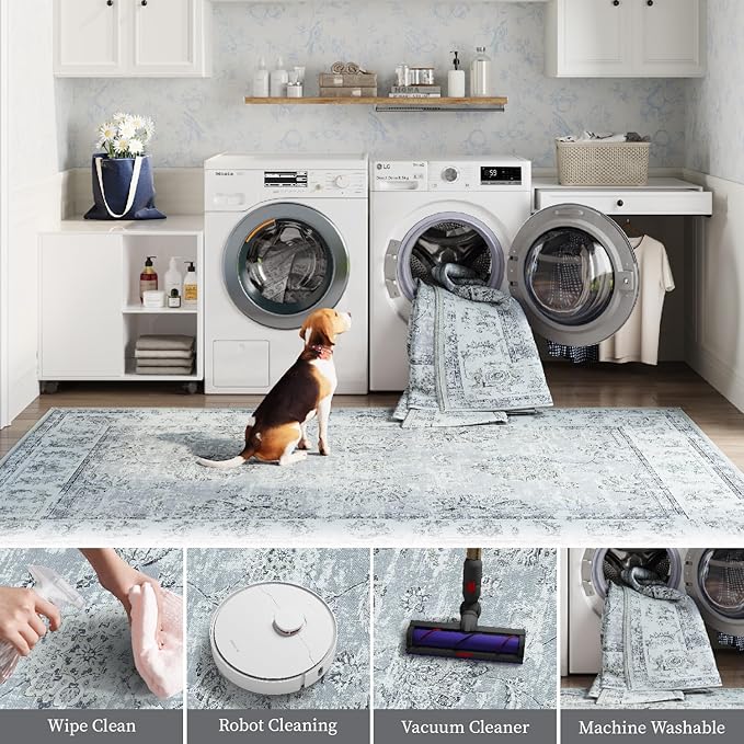 jinchan Fiora Hallway Runner Rug 3x10 Washable Runner - Vintage Floral Non Slip Low-Pile Soft Thin Faux Wool Kitchen Rug Distressed Carpet for Farmhouse Bedroom Laundry Room(3x10ft, Grey)