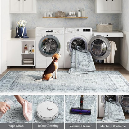 jinchan Fiora Washable Area Rug 8x10 for Living Room Soft Faux Wool Ultra-Thin Stain Resistant Non-Slip Distressed Vintage Floral Large Carpet for Bedroom Dining Room Home Office Nursery(Grey, 8'x10')