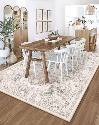 LIVEBOX 8X10 Area Rugs for Living Room, Washable Beige Neutral Boho Rugs Large Soft Non-Slip Rug, Low-Pile Vintage Medallion Rug, Retro Faux Wool Indoor Carpet for Dining Room Bedroom Office