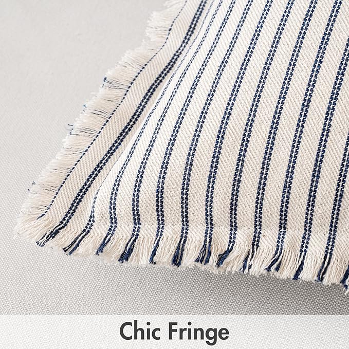 MIULEE Pack of 2 Navy Blue Pillow Covers 18x18 Inch Striped Farmhouse Couch Throw Pillow Covers with Fringe Chic Linen Decorative Cushion Covers for Sofa Living Room Bed Outdoor Home Decor