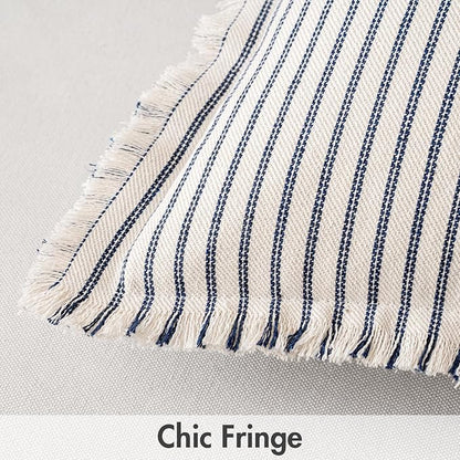 MIULEE Pack of 2 Navy Blue Pillow Covers 24x24 Inch Striped Farmhouse Couch Throw Pillow Covers with Fringe Chic Linen Decorative Cushion Eruo Sham for Sofa Living Room Bed Outdoor Home Decor