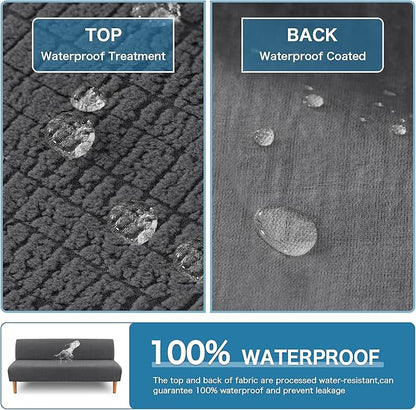 H.VERSAILTEX 100% Waterproof Armless Futon Cover, Armless Sofa Cover Stretch Jacquard Couch Cover for Futon, Dual Waterproof Sofa Cover, Leakproof Furniture Protector for Pets, Grey