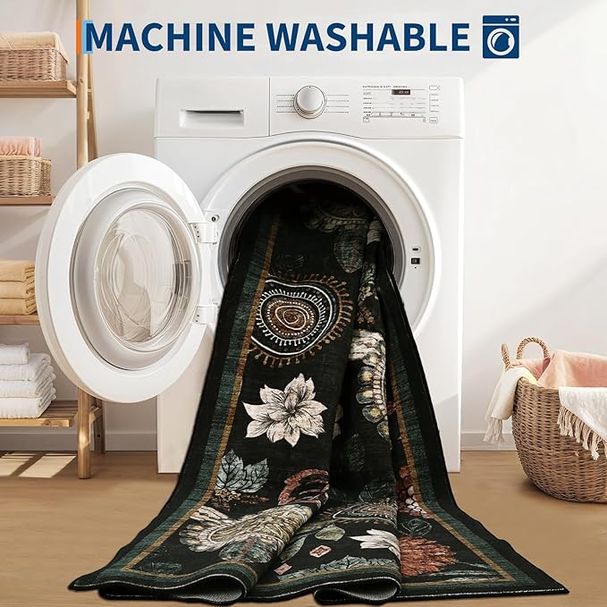 GarveeHome 8x10 Floral Washable Area Rug: Large Living Room Area Rug with Non-Slip Backing Washable Ultra Soft Bedroom Floral Carpet Indoor Stain Resistant Carpet for Dining Room 8 * 10 ft Black