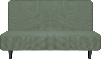 Easy-Going Stretch Futon Slipcover Armless Futon Bed Cover Furniture Protector Without Armrests with Elastic Bottom for Kids, Soft Jacquard Fabric Small Checks (Medium, Greyish Green)