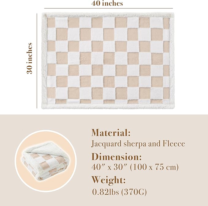 Checkered Dog Blanket, Beige Khaki Jacquard Sherpa Blankets for Small Dog and Cats, Cute Aesthetic Style Fluffy Fleece Pets Blanket for Couch Protection Washable, 30"x40"