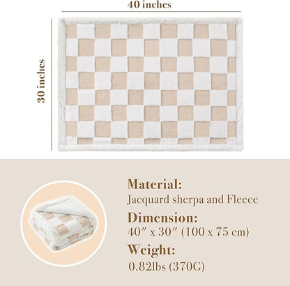 Checkered Dog Blanket, Beige Khaki Jacquard Sherpa Blankets for Small Dog and Cats, Cute Aesthetic Style Fluffy Fleece Pets Blanket for Couch Protection Washable, 30"x40"