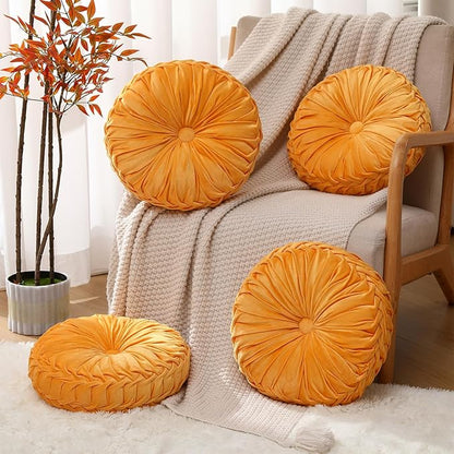 4 Pcs Round Throw Pillows 15 Inch Decorative Velvet Pleated Pumpkin Floor Boho Pillows for Living Room Couch Chair Bed Sofa (Yellow)
