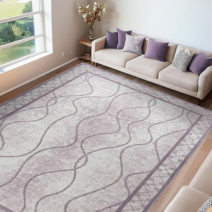 Area Rugs 6x9 Washable Rug, Non-Slip Rugs for Living Room, Low Pile Bordered Rugs Alfombras, Large Print Rubber Backing Indoor Carpet for Home Decor Bedroom Nursery Dining Room, Purple