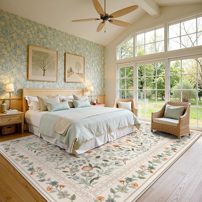 Lahome Floral Area Rug 9x12, Non-Slip Untra-Thin Washable Living Room Rugs, Vintage Botanical Print Low-Pile Soft Botanical Rug for Bedroom Dining Room Office, Beige